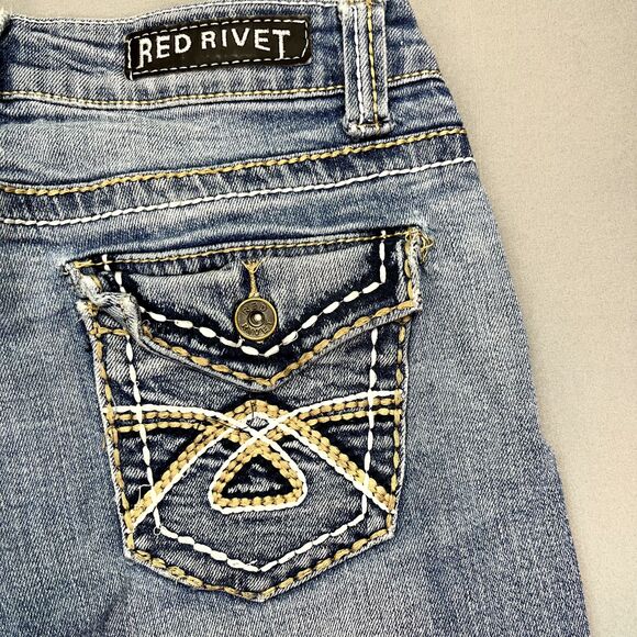 Red Rivet‎ Jeans Women's Blue Light Wash Thick Stitch Skinny Size 5 Flap Pocket - Picture 13 of 15